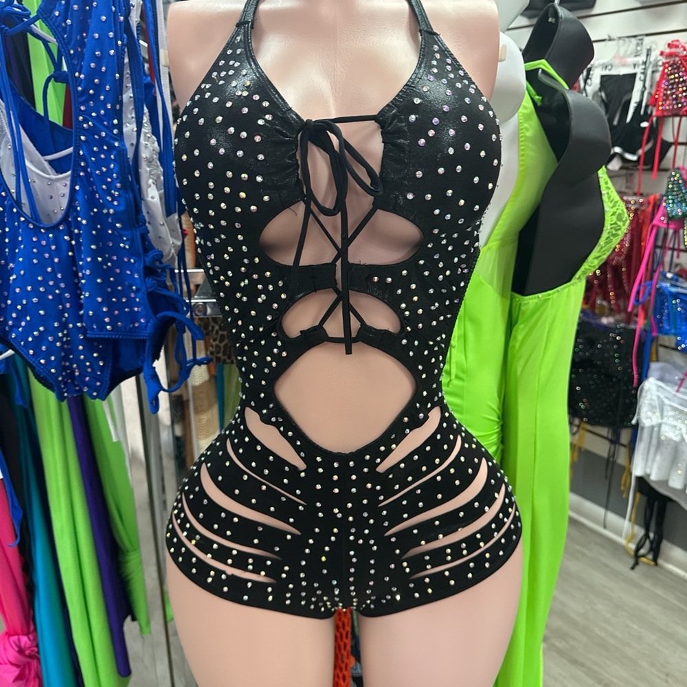 Black Rhinestone Cut-Out Bodysuit